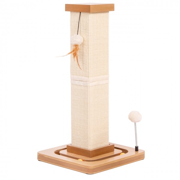 Kratzstamm Karlo - Kratzsäule (Ø14 cm) mit Spielschiene | Beige | ca. 33 x 33 x 67 cm