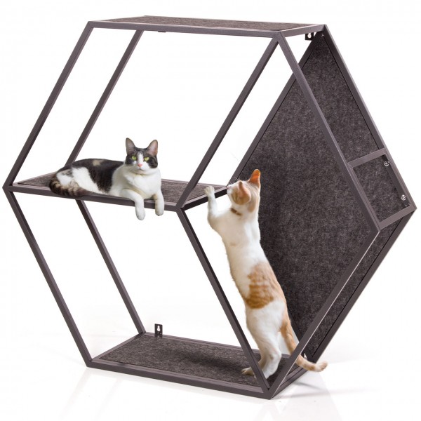 Katzenmöbel HexaCat - Wandregal/Kletterwand aus Metall mit Filzflächen | grau | 120 x 104 x 35 cm