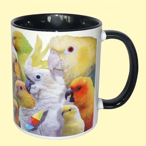 Tasse Papageien schwarz mit Artenvielfalt