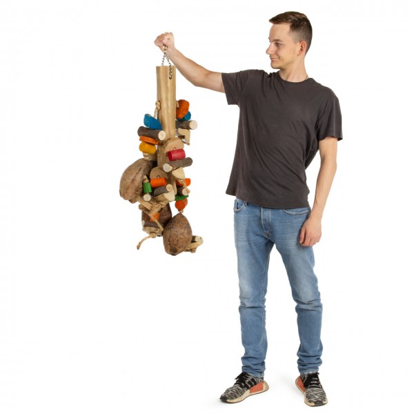 Riesen-Holz-Kokusnuss Vogelspielzeug | Gigant Coco Foraging | 100 x 30 x 32 cm | Shredder-Spielzeug für Papageien