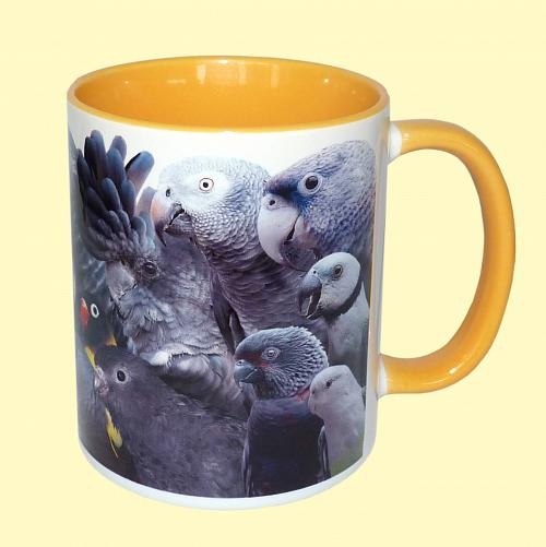 Tasse Papageien gelb + grau