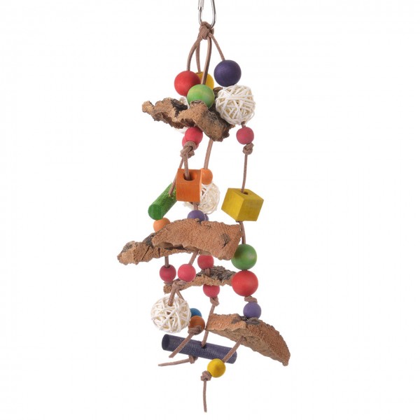 Vogelspielzeug mit Kork an Leder & Holz für Sittiche & Papageien