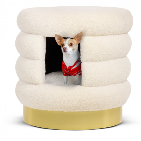 Hundebett Choupette - Design Hundkorb für kleine Hunde | TEDDY weiß-gold | ca. 58 x 58 x 59 cm
